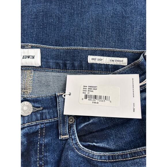 Edwin Bree Crop Slim Straight Jeans Size 27 Ritual Blue Dark Wash Cotton NEW - Picture 3 of 6